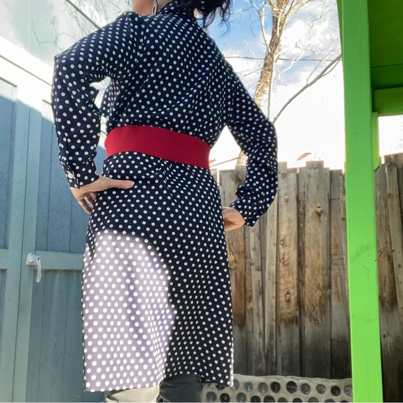 Vintage blue and white polka dot dress, long sleeve, bow at neck, buttons, M/L - Picture 7 of 13